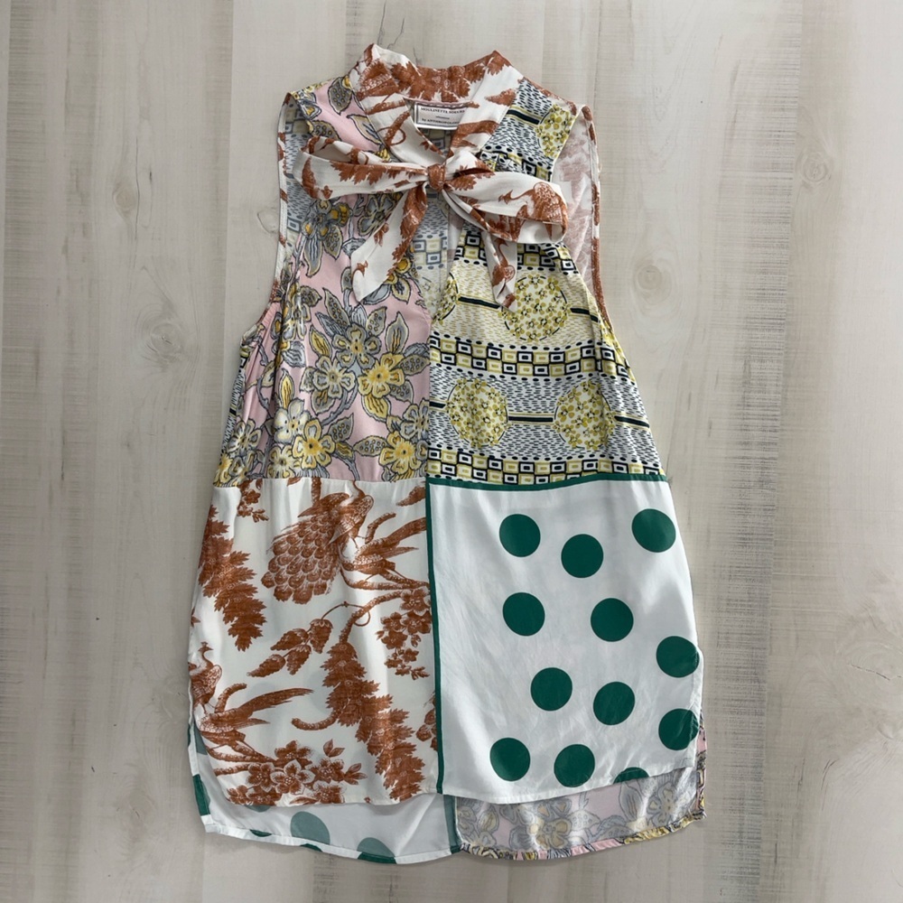 MOULINETTE SOEURS Anthropologie patchwork printed bow blouse top pink work - Picture 2 of 8